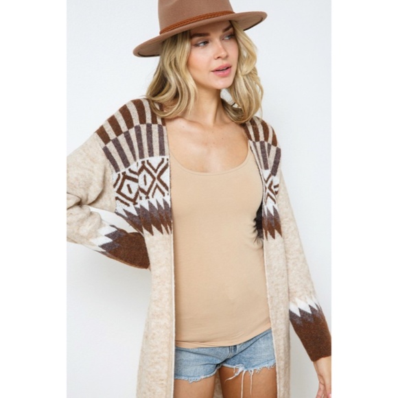 Taupe & Brown Aztec Tribal Western Boho Long Open Knit Cardigan Casual Sweater - Picture 7 of 8